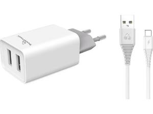 Φορτιστής τοίχου POWERTECH & καλώδιο USB Type-C PT-776, 2x USB, 2.1A